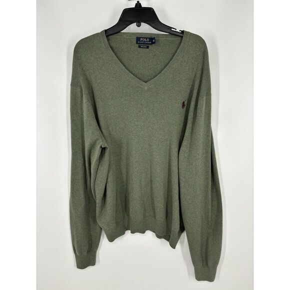 Polo Ralph‎ Lauren 100% Pima Cotton V Neck Sweater Olive Army Green Mens Size XL - Picture 1 of 6